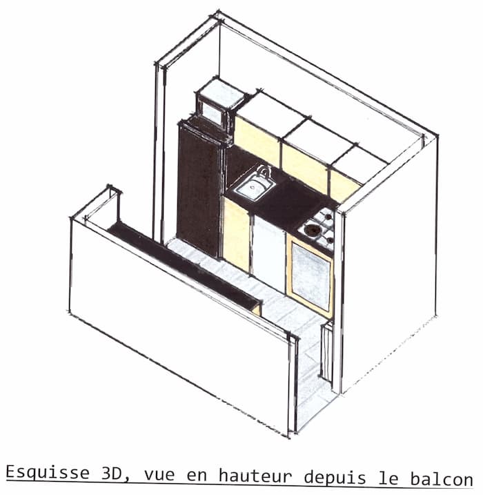 Esquisse 3D Rénovation cuisine vue depuis le balcon by Décoration et Jardins
